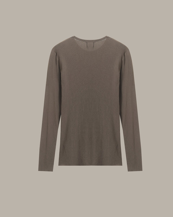 A long-sleeve crewneck knit top in a muted taupe-brown color, displayed flat against a solid light gray background.