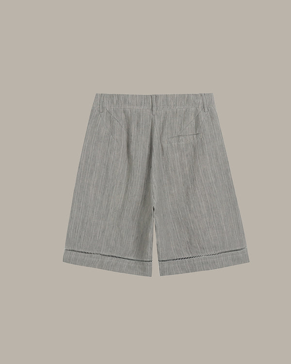 條紋縷空亞麻短褲