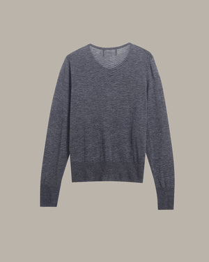 A dark gray heathered knit sweater with a wide crew neck and long sleeves, displayed flat against a solid taupe background.