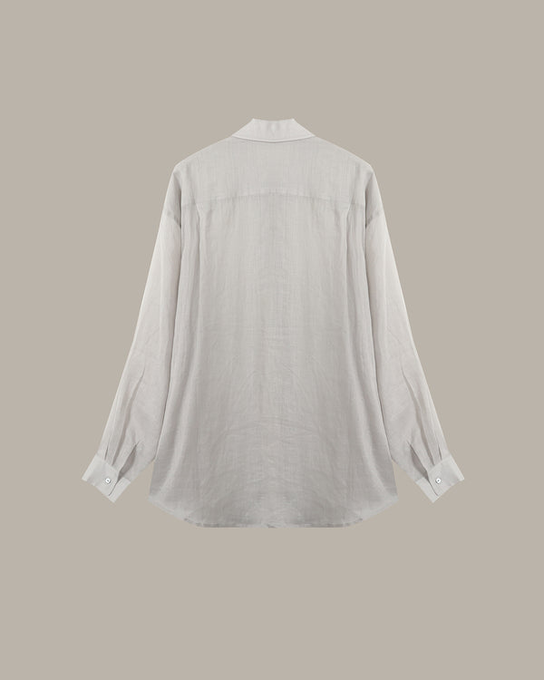 A light gray long-sleeve linen shirt shown from the back, featuring a relaxed fit, buttoned cuffs, and a simple collar, set against a solid taupe background.