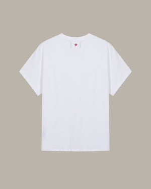 White t-shirt with a red logo on a beige background