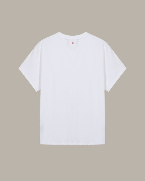 White t-shirt with a red logo on a beige background