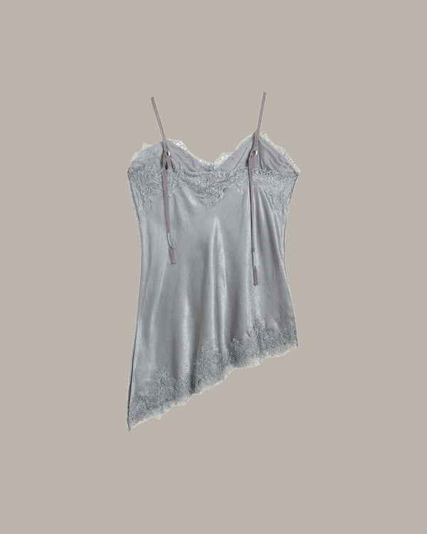 back of a gray lace-trimmed top on a beige background