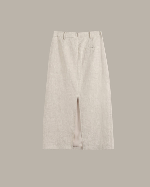 A pair of light beige linen wide-leg trousers with a front slit, shown flat against a solid taupe background.