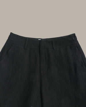 Close-up of black wide-leg trousers showing the waistband, belt loops, front fly, and side pockets against a solid taupe background.
