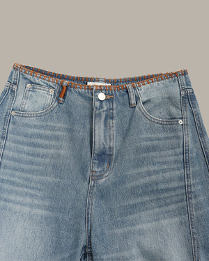 裝飾縫線闊腿牛仔褲