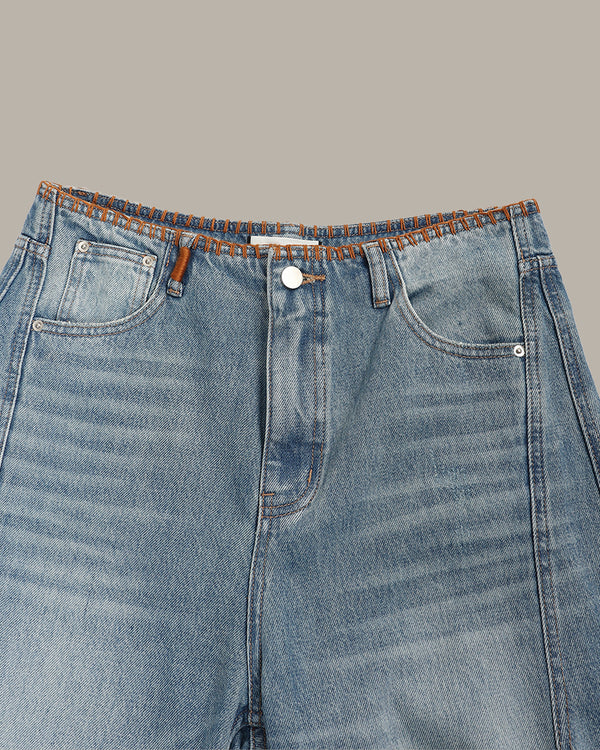 裝飾縫線闊腿牛仔褲