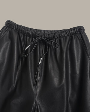 Braided-Drawstring Leather Wide-Leg Pants