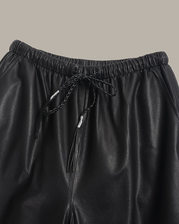 Braided-Drawstring Leather Wide-Leg Pants