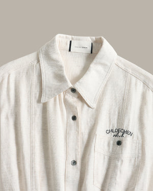 [E] Cropped Button-Up Logo Shirt