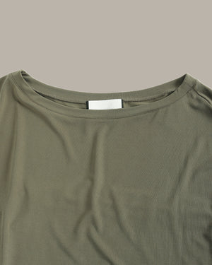 Close-up of a green shirt with a label on a gray background