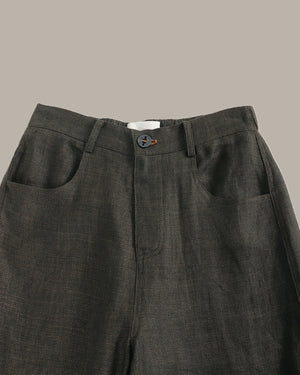 Dark gray pants with a button on a neutral background