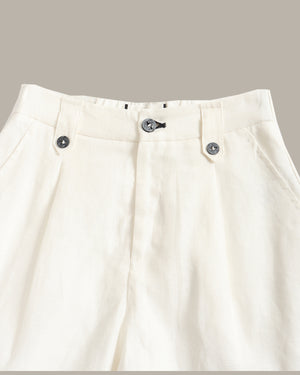 Close-up of off-white pleated trousers showing the waistband, belt loops, and front button closure against a solid taupe background.