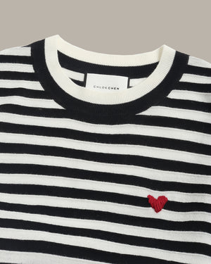 Heart Embroidered Stripe Knit Top
