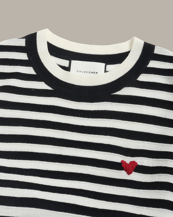 Heart Embroidered Stripe Knit Top