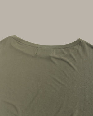 Close-up of a green shirt collar on a plain background