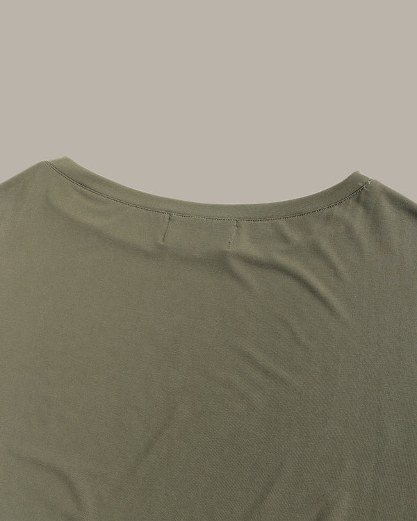Close-up of a green shirt collar on a plain background