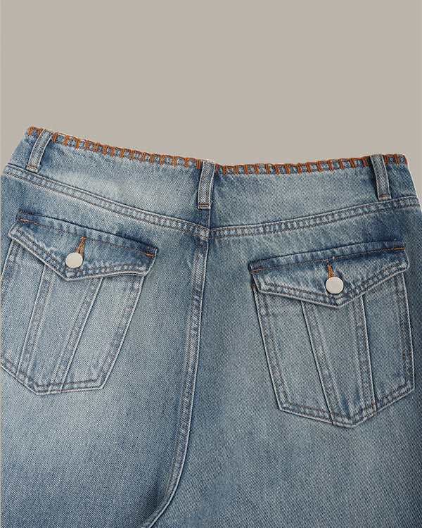 裝飾縫線闊腿牛仔褲