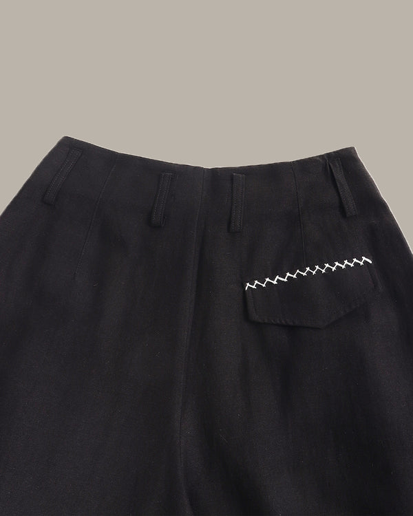Close-up of black trousers showing the waistband, front fly, and a side pocket with distinctive zigzag white stitching, set against a solid taupe background.
