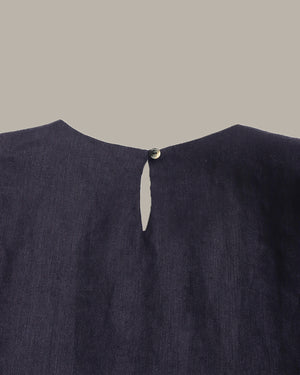 Navy blue garment with a button on a gray background