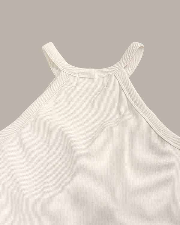 Close-up of a ribbed tank top on a gray background