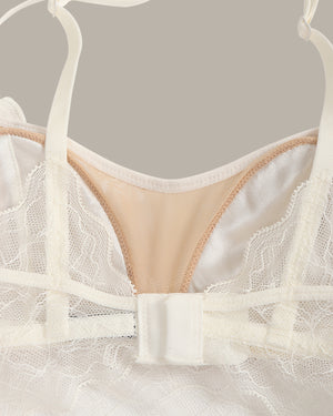 White lace bralette on a neutral background