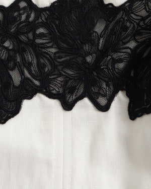 Close-up of black lace trim on a white fabric background