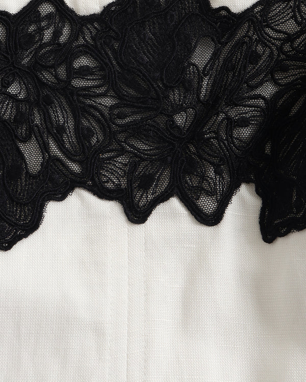Close-up of black lace trim on a white fabric background