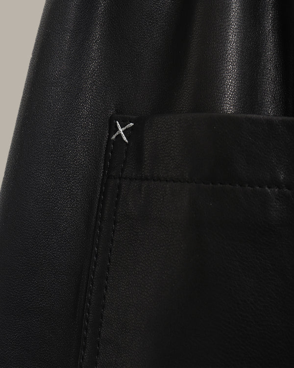 Braided-Drawstring Leather Wide-Leg Pants