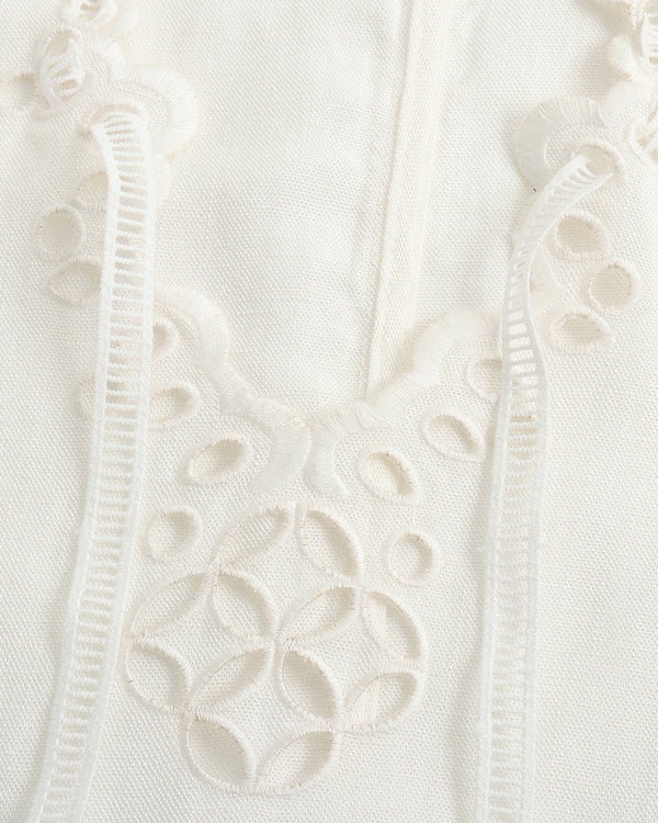 Close-up of a white embroidered lace fabric with floral cutwork and vertical tie-detail trim.