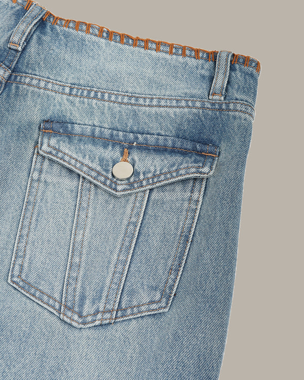 裝飾縫線闊腿牛仔褲