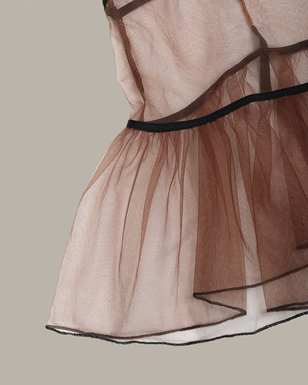 Sheer brown top with black trim on a neutral background