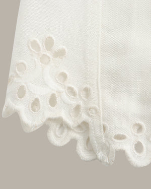 Close-up of a white eyelet fabric with a scalloped edge and floral cutwork pattern, shown against a plain warm gray background.