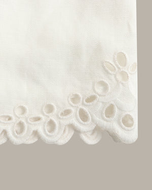 Close-up of a white fabric product corner with a scalloped eyelet embroidery border, shown against a light gray background.