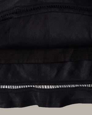 Close-up of a black fabric garment or textile with layered ruffles and a contrasting black-and-white striped ruffle trim, shown against a plain light gray background.
